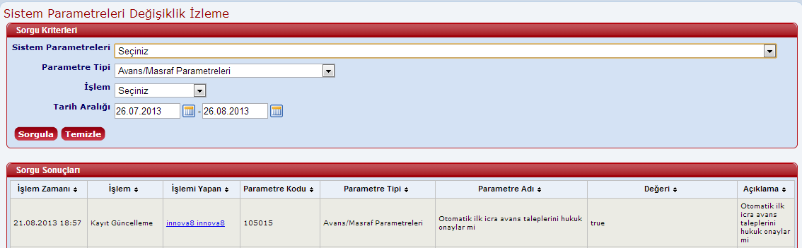 SistemParametreleriDegisiklikIzlemeSorguSonuc
