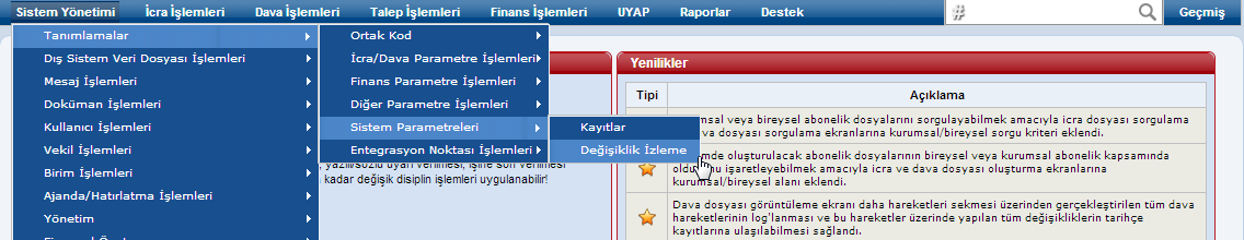 SistemParametreleriDegisiklikIzlemeUlasim